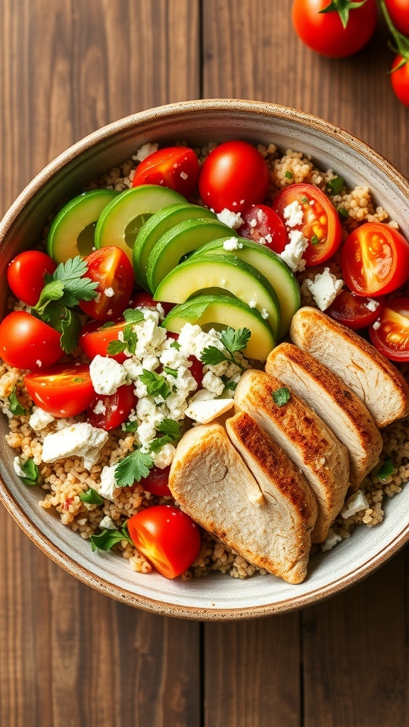 A colorful keto quinoa bowl with quinoa, cherry tomatoes, cucumber, avocado, and grilled chicken, garnished with feta cheese and herbs.